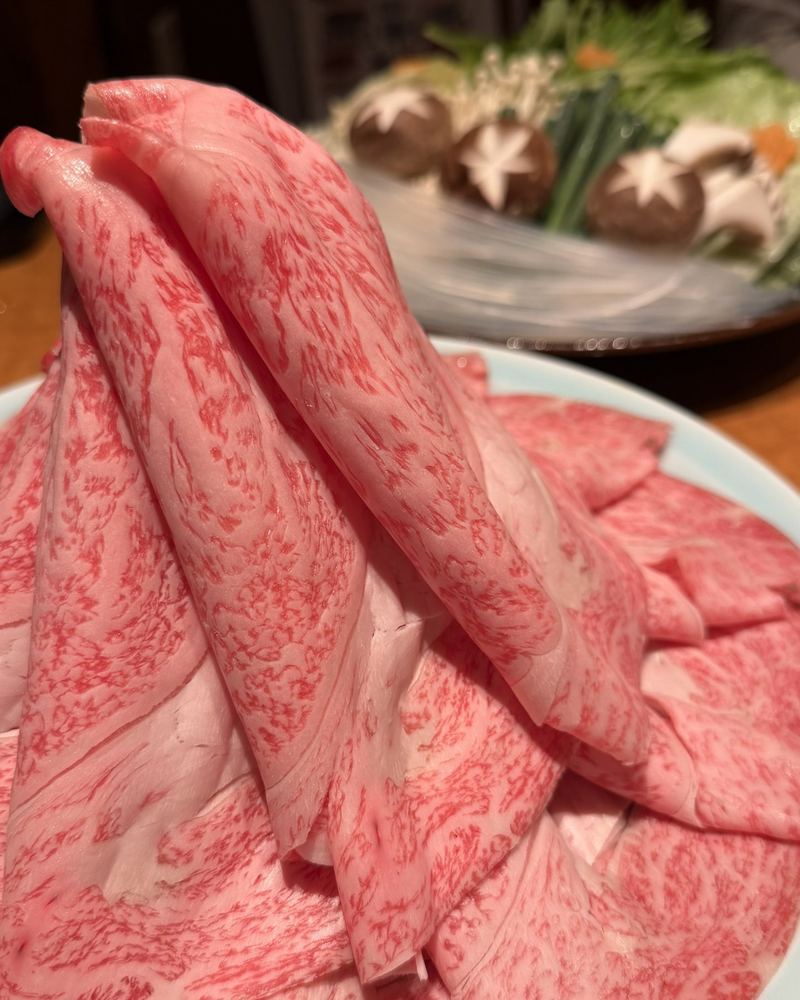 A tall pile of thinly sliced, beautifully marbled beef on a plate